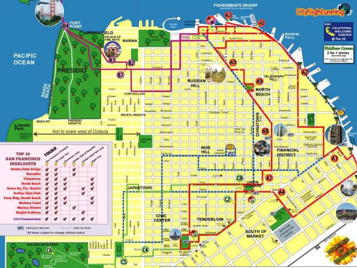Kaart van city sightseeing San Francisco route