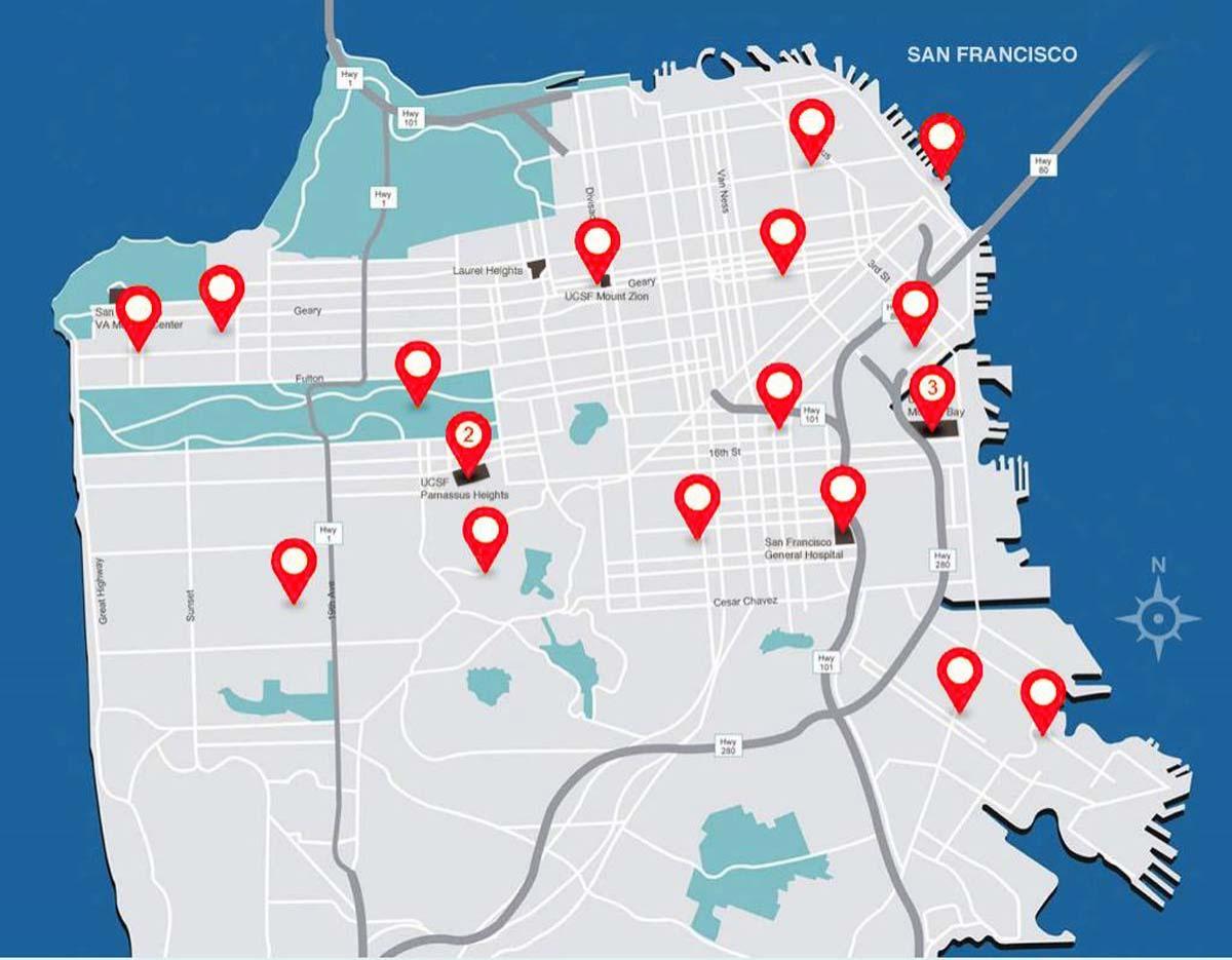 Kaart van San Francisco ziekenhuizen