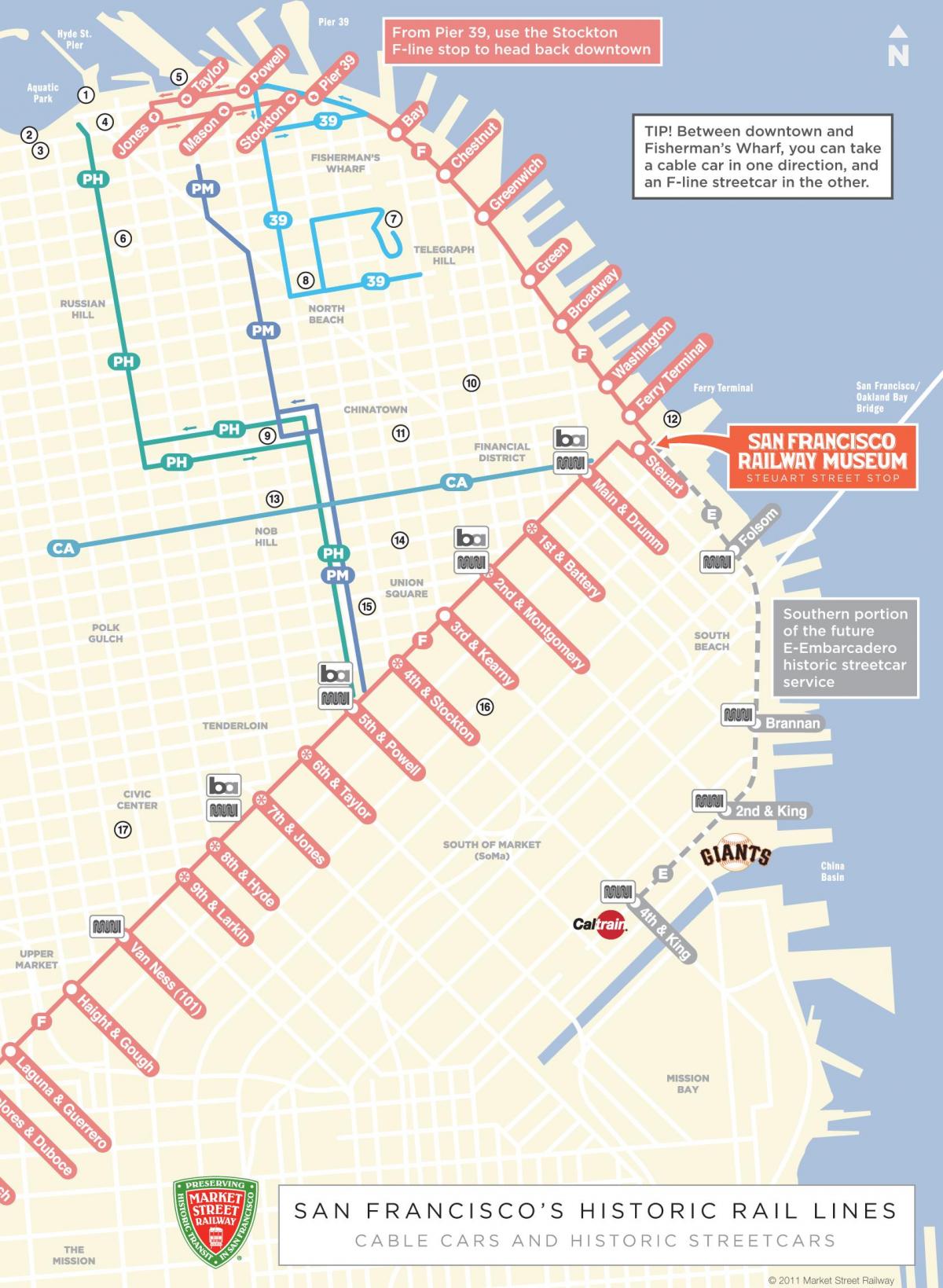 Kaart van de kabelbaan route van San Francisco, ca