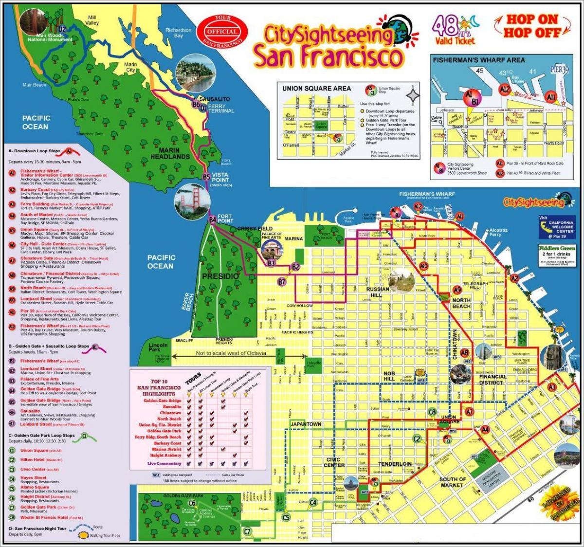 San Francisco hop-on-hop-off bus tour kaart