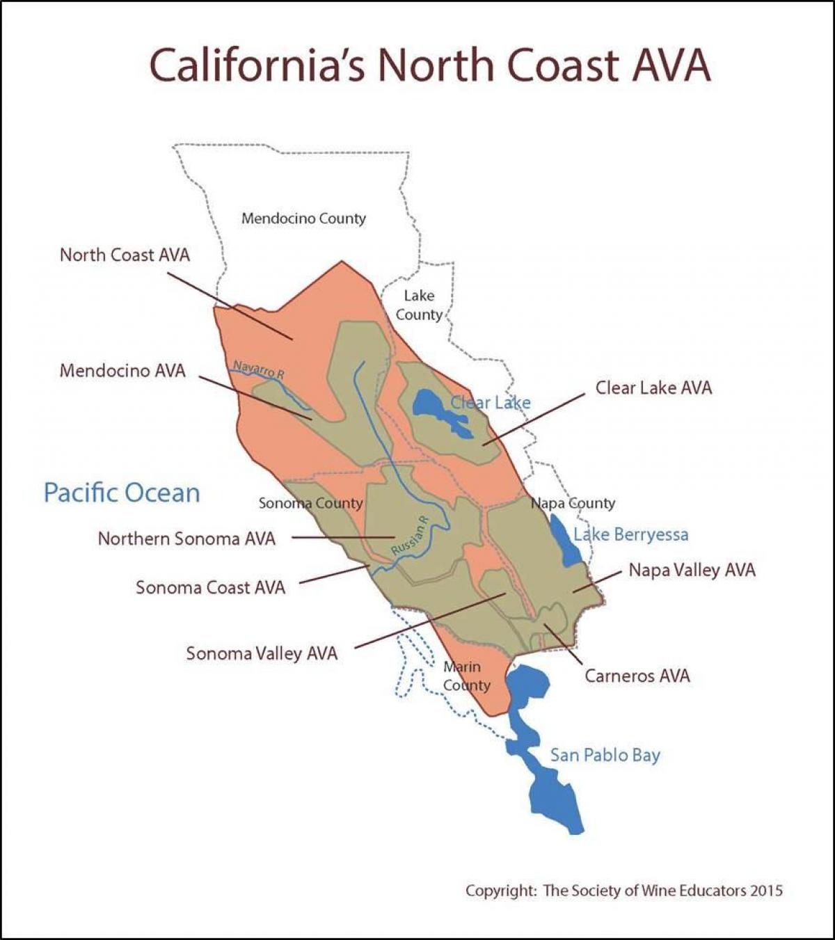 Kaart van de kust van californië ten noorden van San Francisco