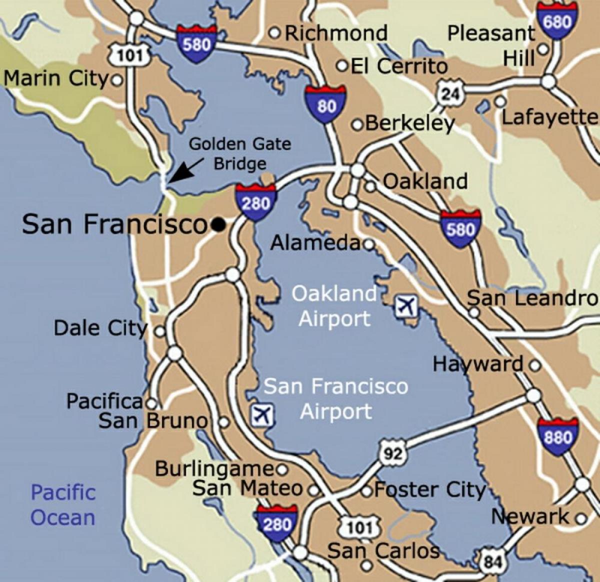 Kaart van de luchthaven van San Francisco en omgeving