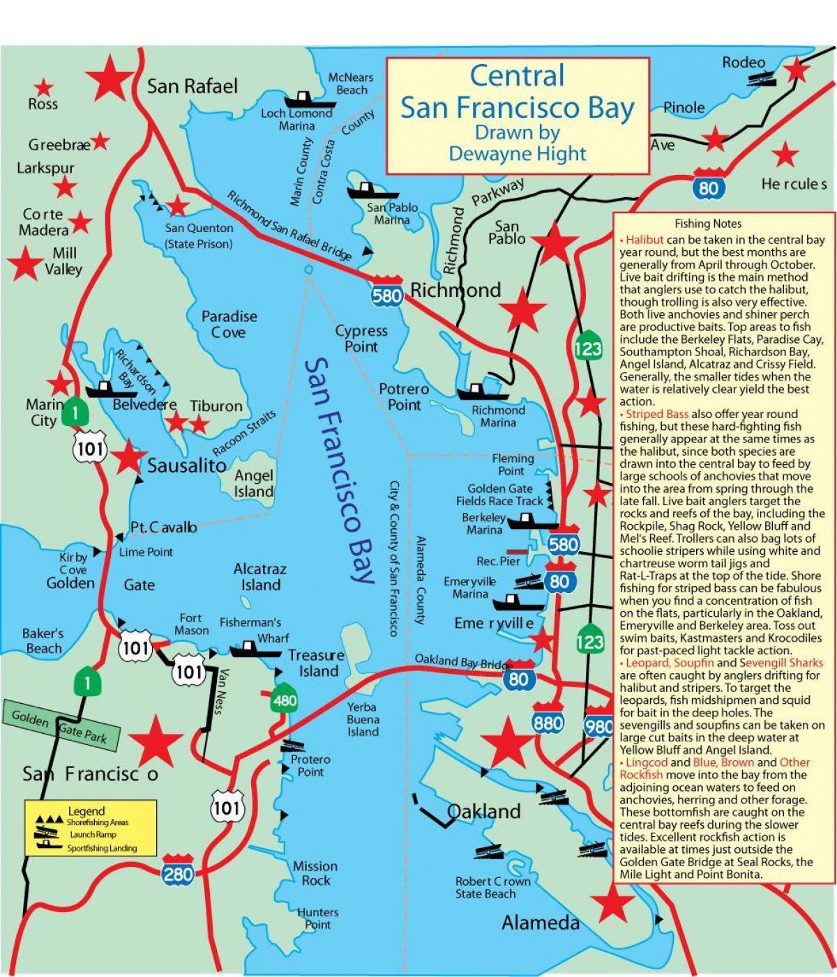 Kaart van de baai van San Francisco vissen 