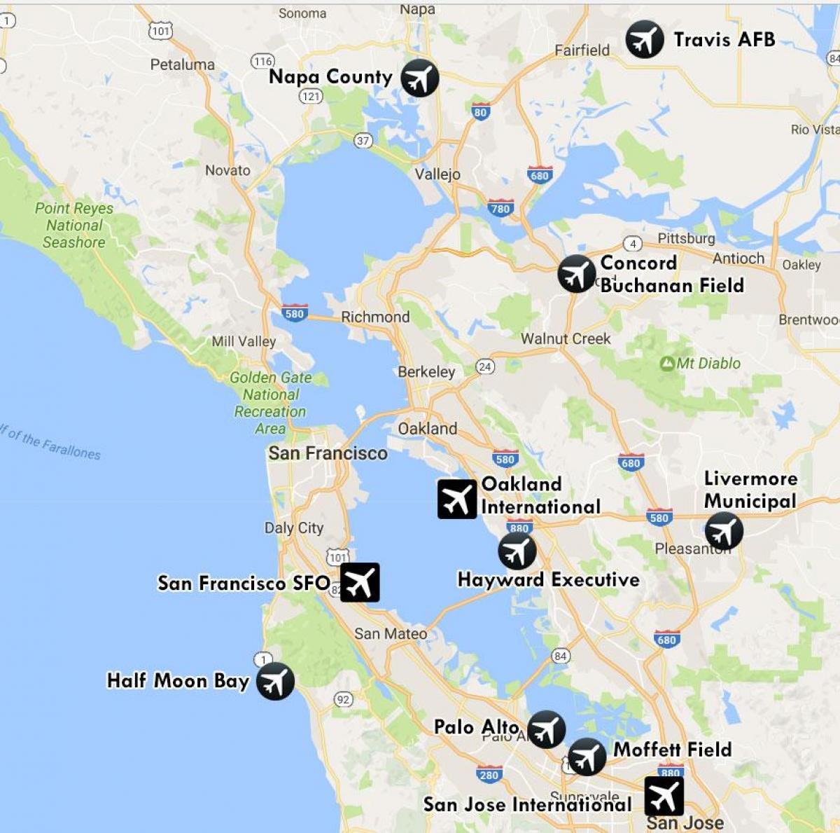 luchthavens in de buurt van San Francisco kaart bekijken