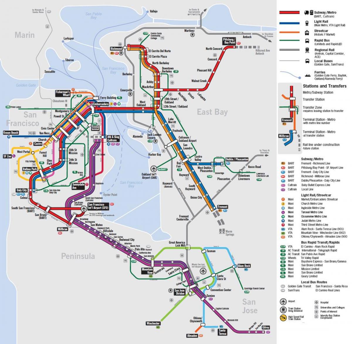 kaart van het openbaar vervoer in San Francisco