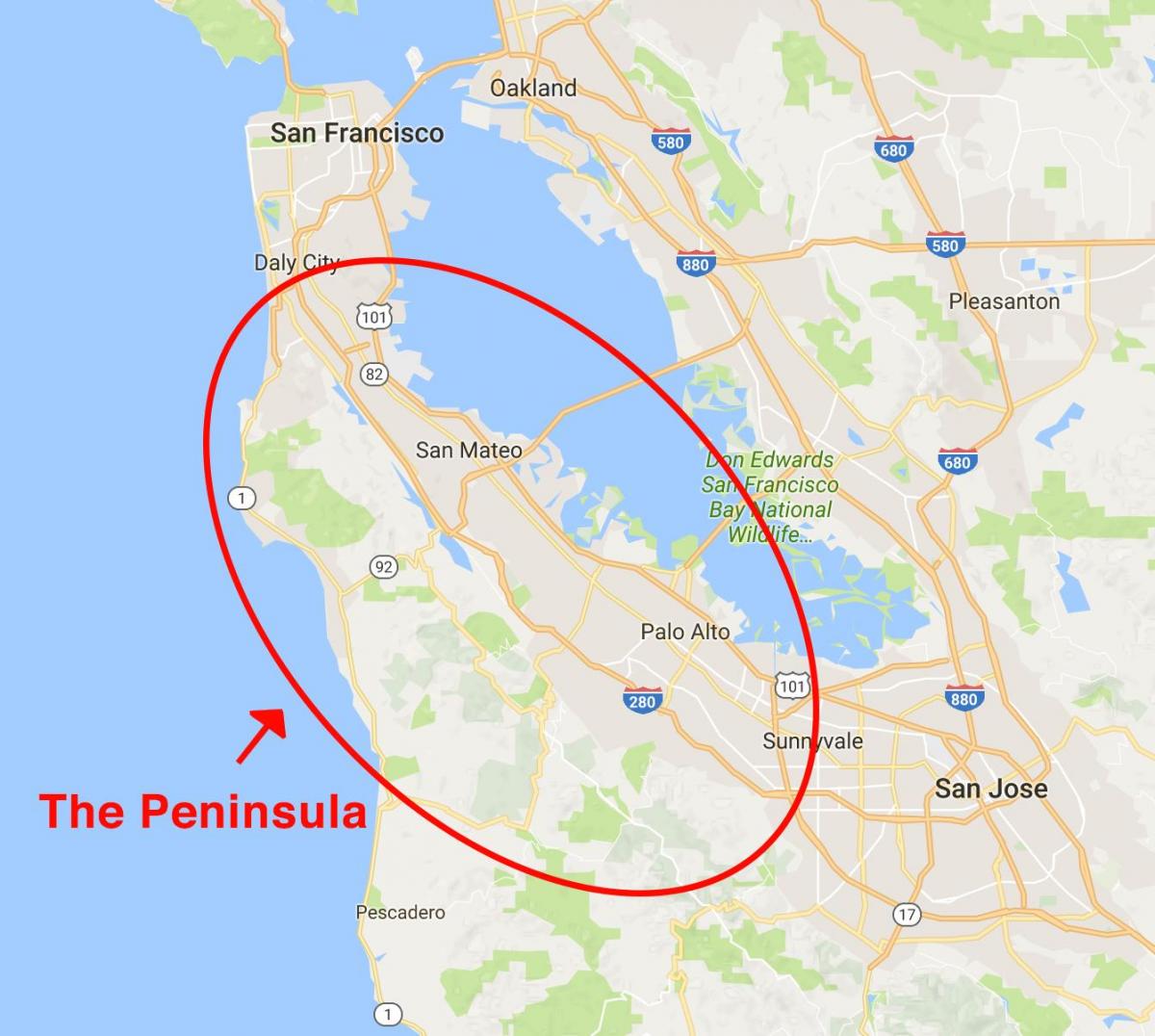 Kaart van het schiereiland San Francisco 